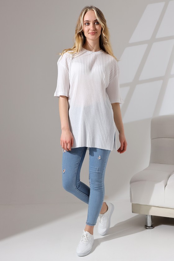 Oversize Yırtmaçlı Raporlu Tunik T-shirt 21493 BEYAZ