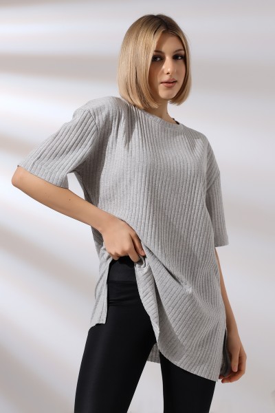 Oversize Yırtmaçlı Raporlu Tunik T-shirt 21493 GRİMELANJ