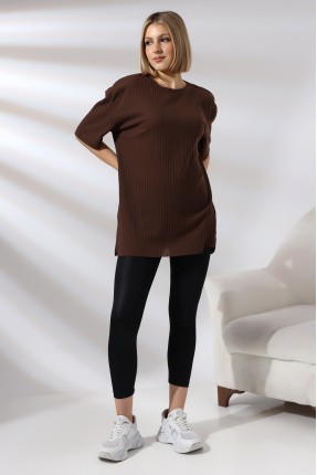 Oversize Yırtmaçlı Raporlu Tunik T-shirt 21493 KAHVE