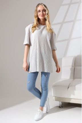 Oversize Yırtmaçlı Raporlu Tunik T-shirt 21493 KARMELANJ