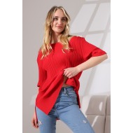 Oversize Yırtmaçlı Raporlu Tunik T-shirt 21493 KIRMIZI