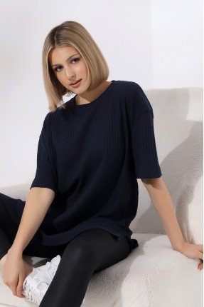 Oversize Yırtmaçlı Raporlu Tunik T-shirt 21493 LACİVERT