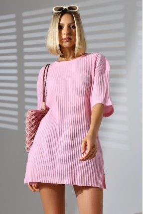 Oversize Yırtmaçlı Raporlu Tunik T-shirt 21493 PEMBE