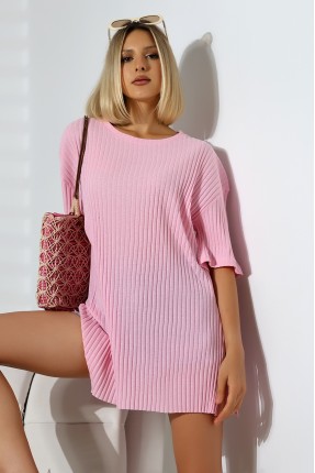 Oversize Yırtmaçlı Raporlu Tunik T-shirt 21493 PEMBE