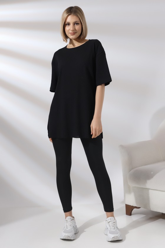 Oversize Yırtmaçlı Raporlu Tunik T-shirt 21493 SİYAH