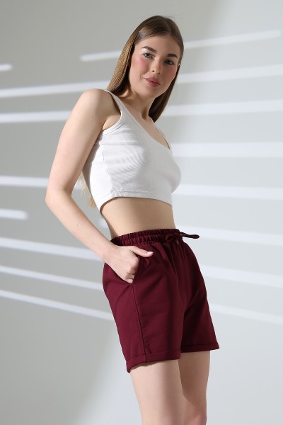 Paçası Katlamalı Geniş Rahat Kalıp Şort 21822 BORDO