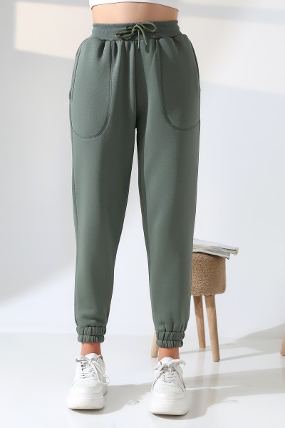 Paçası Lastikli Ayarlanabilir Belli Karyoka Dikiş Detaylı Basic Kadın Eşofman Pantolon 21936 HAKİ