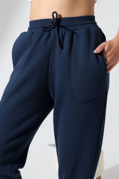 Paçası Lastikli Ayarlanabilir Belli Karyoka Dikiş Detaylı Basic Kadın Eşofman Pantolon 21936 LACİVERT