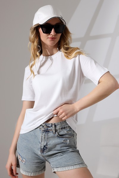Pamuklu Penye Kompakt Ağır Kumaş Kısa Kol Comfort Fit T-Shirt 21666 BEYAZ