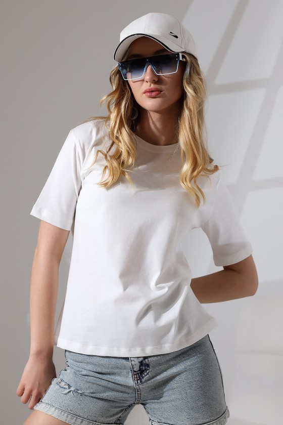Pamuklu Penye Kompakt Ağır Kumaş Kısa Kol Comfort Fit T-Shirt 21666 EKRU
