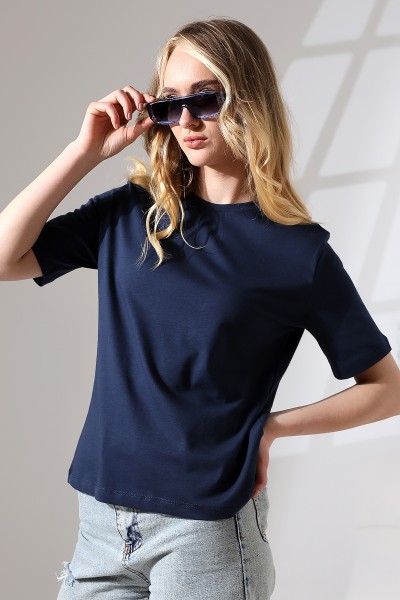Pamuklu Penye Kompakt Ağır Kumaş Kısa Kol Comfort Fit T-Shirt 21666 LACİVERT