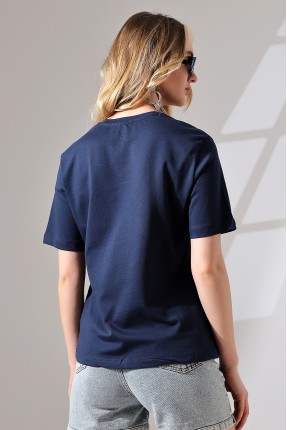 Pamuklu Penye Kompakt Ağır Kumaş Kısa Kol Comfort Fit T-Shirt 21666 LACİVERT