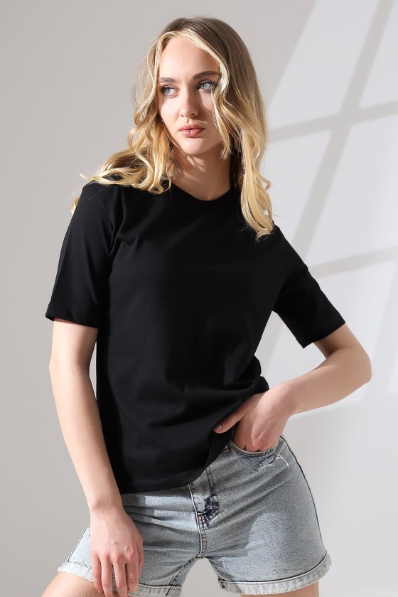 Pamuklu Penye Kompakt Ağır Kumaş Kısa Kol Comfort Fit T-Shirt 21666 SİYAH