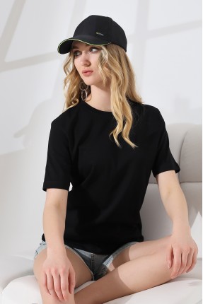 Pamuklu Penye Kompakt Ağır Kumaş Kısa Kol Comfort Fit T-Shirt 21666 SİYAH