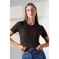 Pamuklu Kompakt Penye Ribana Bisiklet Yaka Crop T-Shirt 21560 KAHVE