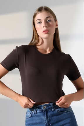 Pamuklu Kompakt Penye Ribana Bisiklet Yaka Crop T-Shirt 21560 KAHVE