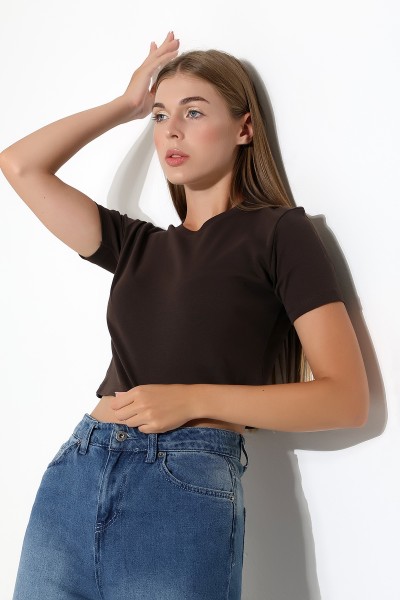 Pamuklu Kompakt Penye Ribana Bisiklet Yaka Crop T-Shirt 21560 KAHVE