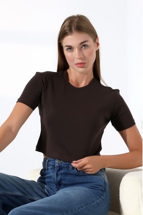 Pamuklu Kompakt Penye Ribana Bisiklet Yaka Crop T-Shirt 21560 KAHVE