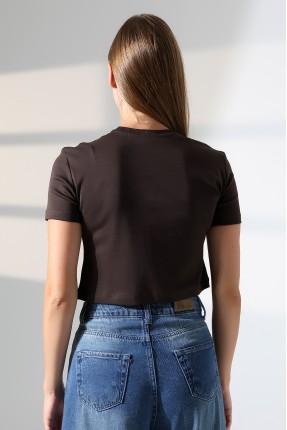 Pamuklu Kompakt Penye Ribana Bisiklet Yaka Crop T-Shirt 21560 KAHVE
