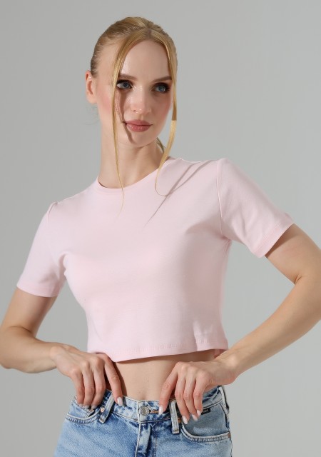 Pamuklu Kompakt Penye Ribana Bisiklet Yaka Crop T-Shirt 21560 PUDRA