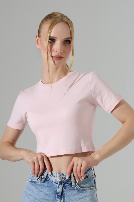 Pamuklu Kompakt Penye Ribana Bisiklet Yaka Crop T-Shirt 21560 PUDRA