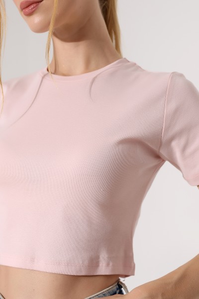 Pamuklu Kompakt Penye Ribana Bisiklet Yaka Crop T-Shirt 21560 PUDRA