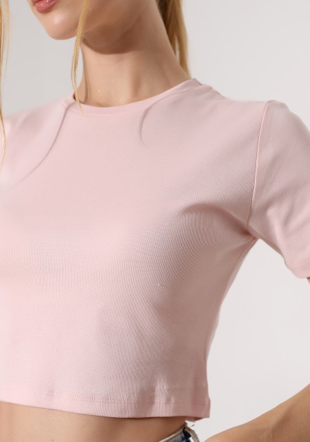 Pamuklu Kompakt Penye Ribana Bisiklet Yaka Crop T-Shirt 21560 PUDRA