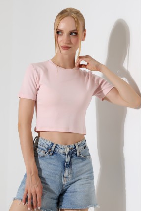 Pamuklu Kompakt Penye Ribana Bisiklet Yaka Crop T-Shirt 21560 PUDRA