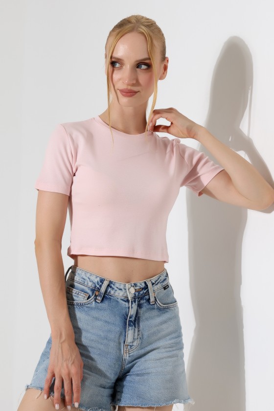 Pamuklu Kompakt Penye Ribana Bisiklet Yaka Crop T-Shirt 21560 PUDRA