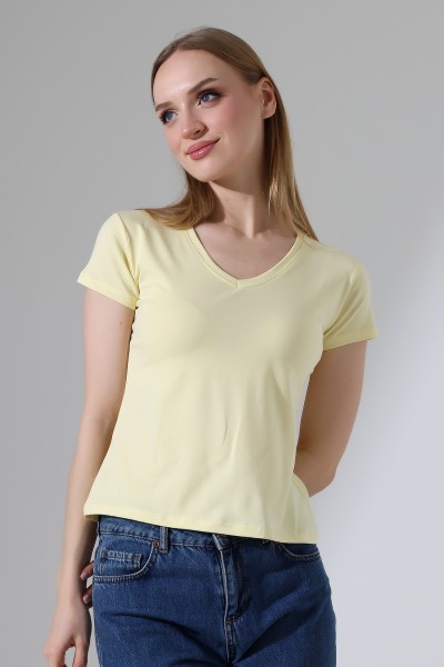 Pamuklu Penye Kompakt Likralı V Yaka Kısa Kol Basic T-Shirt 21043 AÇIK SARI