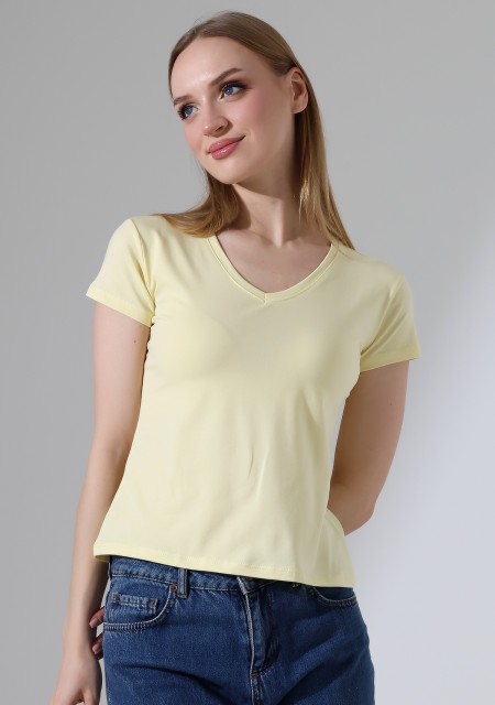 Pamuklu Penye Kompakt Likralı V Yaka Kısa Kol Basic T-Shirt 21043 AÇIK SARI