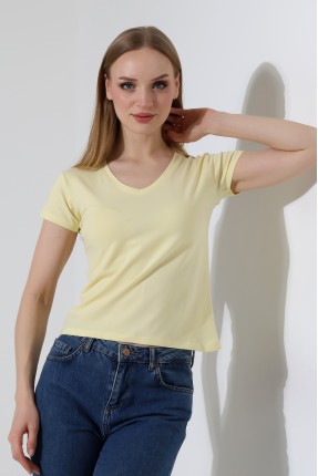 Pamuklu Penye Kompakt Likralı V Yaka Kısa Kol Basic T-Shirt 21043 AÇIK SARI