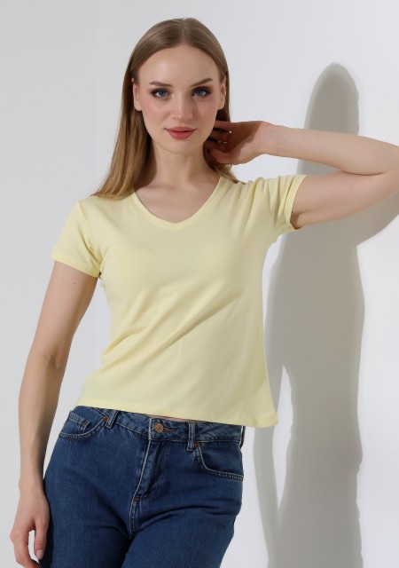 Pamuklu Penye Kompakt Likralı V Yaka Kısa Kol Basic T-Shirt 21043 AÇIK SARI