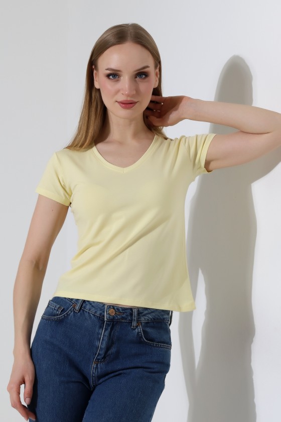 Pamuklu Penye Kompakt Likralı V Yaka Kısa Kol Basic T-Shirt 21043 AÇIK SARI