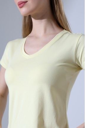 Pamuklu Penye Kompakt Likralı V Yaka Kısa Kol Basic T-Shirt 21043 AÇIK SARI