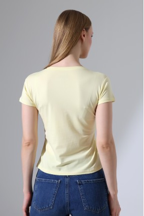 Pamuklu Penye Kompakt Likralı V Yaka Kısa Kol Basic T-Shirt 21043 AÇIK SARI