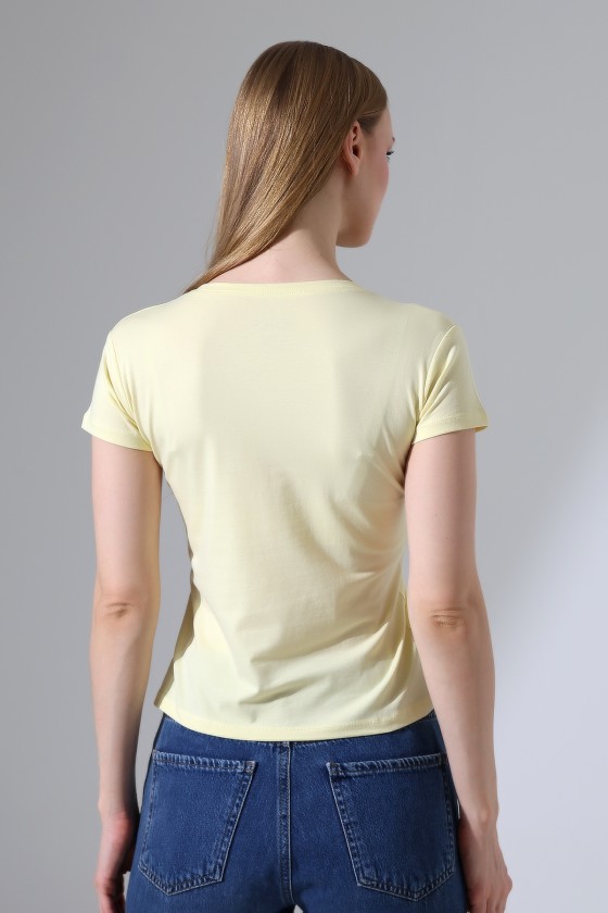 Pamuklu Penye Kompakt Likralı V Yaka Kısa Kol Basic T-Shirt 21043 AÇIK SARI
