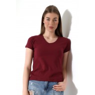 Pamuklu Penye Kompakt Likralı V Yaka Kısa Kol Basic T-Shirt 21043 BORDO