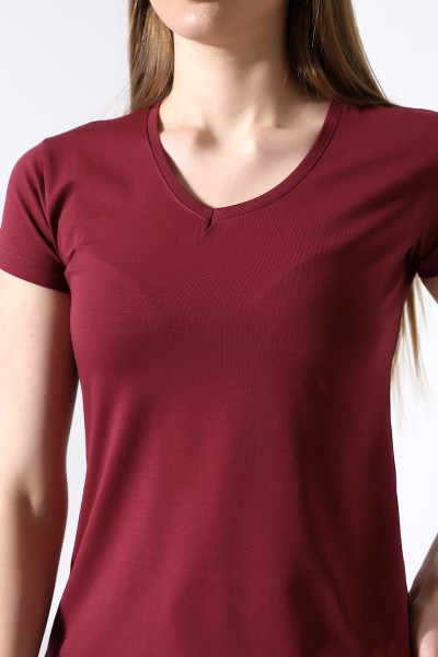 Pamuklu Penye Kompakt Likralı V Yaka Kısa Kol Basic T-Shirt 21043 BORDO