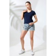 Pamuklu Penye Kompakt Likralı V Yaka Kısa Kol Basic T-Shirt 21043 LACİVERT