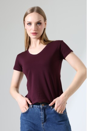 Pamuklu Penye Kompakt Likralı V Yaka Kısa Kol Basic T-Shirt 21043 MÜRDÜM