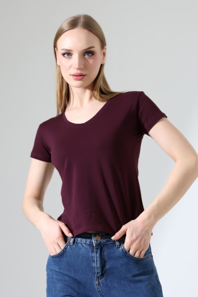 Pamuklu Penye Kompakt Likralı V Yaka Kısa Kol Basic T-Shirt 21043 MÜRDÜM