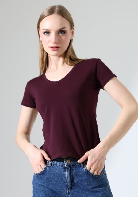 Pamuklu Penye Kompakt Likralı V Yaka Kısa Kol Basic T-Shirt 21043 MÜRDÜM