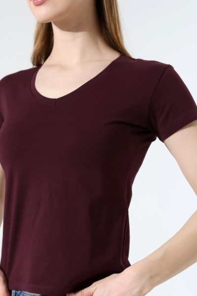 Pamuklu Penye Kompakt Likralı V Yaka Kısa Kol Basic T-Shirt 21043 MÜRDÜM