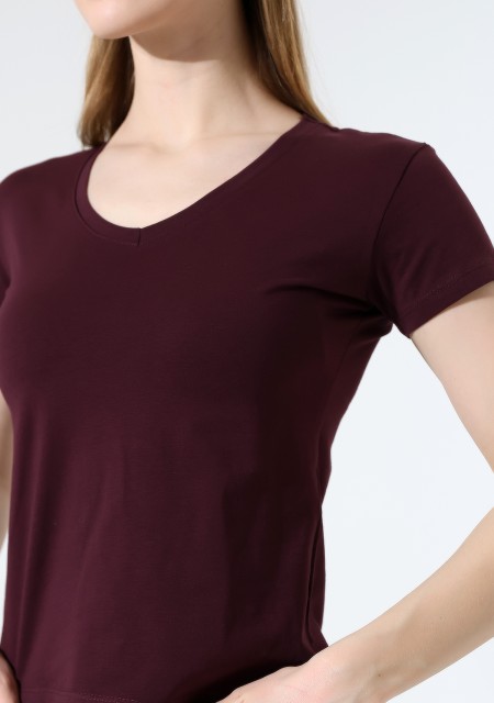 Pamuklu Penye Kompakt Likralı V Yaka Kısa Kol Basic T-Shirt 21043 MÜRDÜM