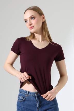 Pamuklu Penye Kompakt Likralı V Yaka Kısa Kol Basic T-Shirt 21043 MÜRDÜM
