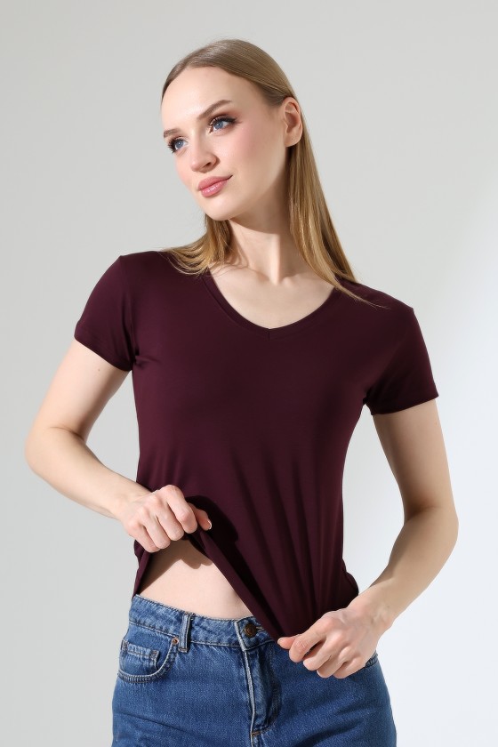 Pamuklu Penye Kompakt Likralı V Yaka Kısa Kol Basic T-Shirt 21043 MÜRDÜM