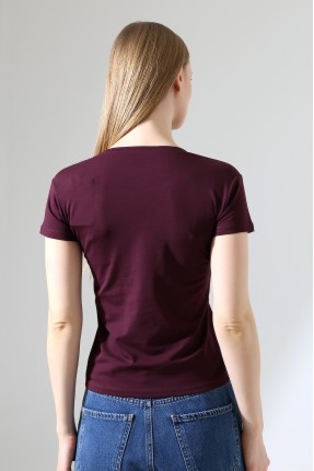 Pamuklu Penye Kompakt Likralı V Yaka Kısa Kol Basic T-Shirt 21043 MÜRDÜM