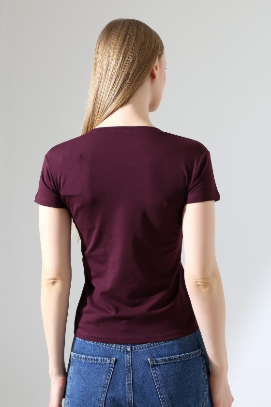Pamuklu Penye Kompakt Likralı V Yaka Kısa Kol Basic T-Shirt 21043 MÜRDÜM