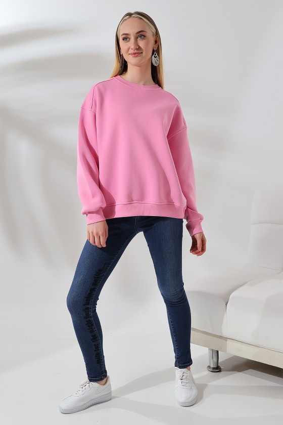 Şardonlu Omuz Detaylı Bisiklet Yaka Oversize Sweatshirt 21616 PEMBE